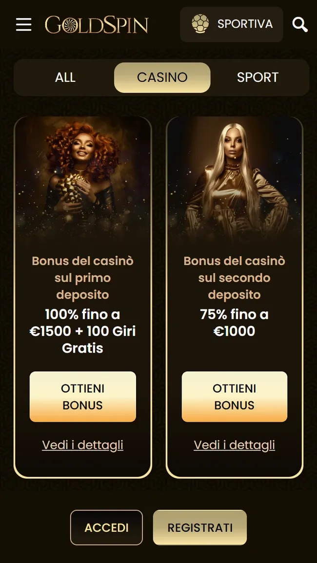 I bonus di benvenuto di Goldspin: primo deposito 100% fino a 1.500€ e 100 giri gratis, secondo deposito 75% fino a 1.000€