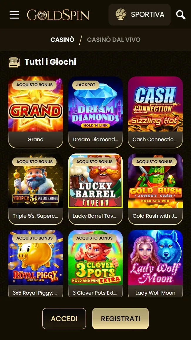 La sezione Tutti i Giochi di Goldspin da smartphone, con Grand, Dream Diamonds e Lucky Barrel Tavern