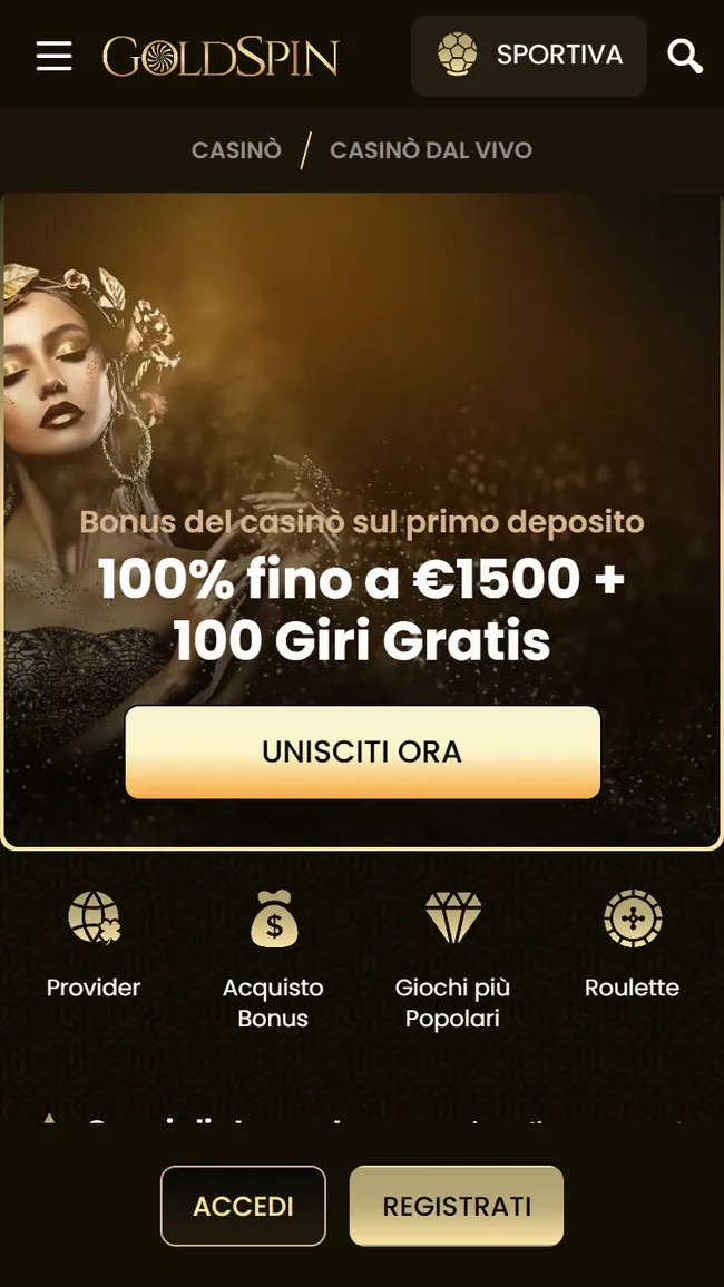 La homepage mobile di Goldspin con il bonus del 100% fino a 1.500€ e 100 giri gratis e le scorciatoie Provider, Acquisto Bonus, Giochi più Popolari e Roulette