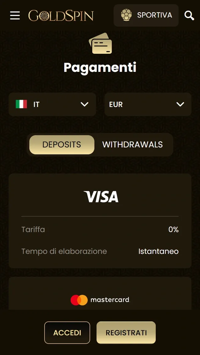 La pagina Pagamenti di Goldspin da smartphone, scheda Depositi: Visa con tariffa 0% ed elaborazione istantanea