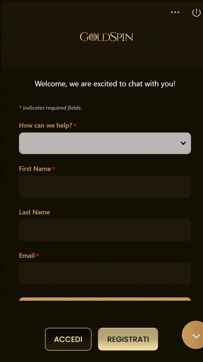 Il modulo della live chat di Goldspin con motivo del contatto, nome, cognome ed e-mail