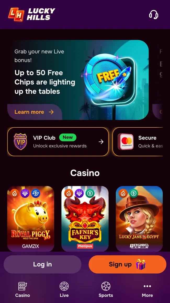 La homepage mobile di Luckyhills con un banner del bonus live, il VIP Club e le slot della sezione Casino