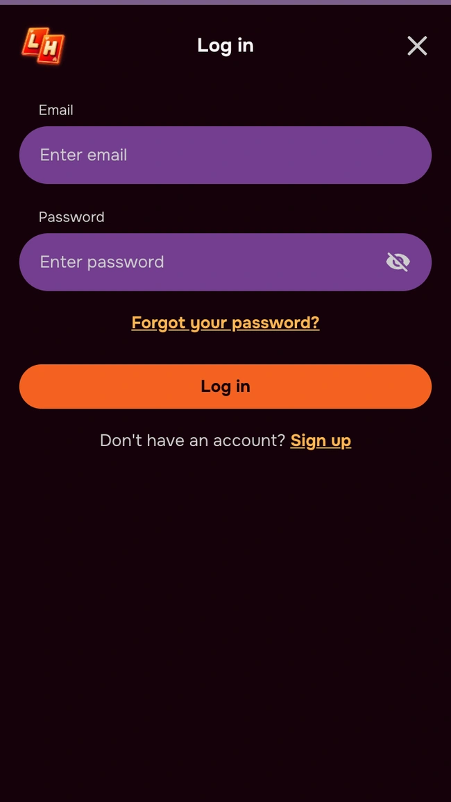 La schermata di accesso di Luckyhills