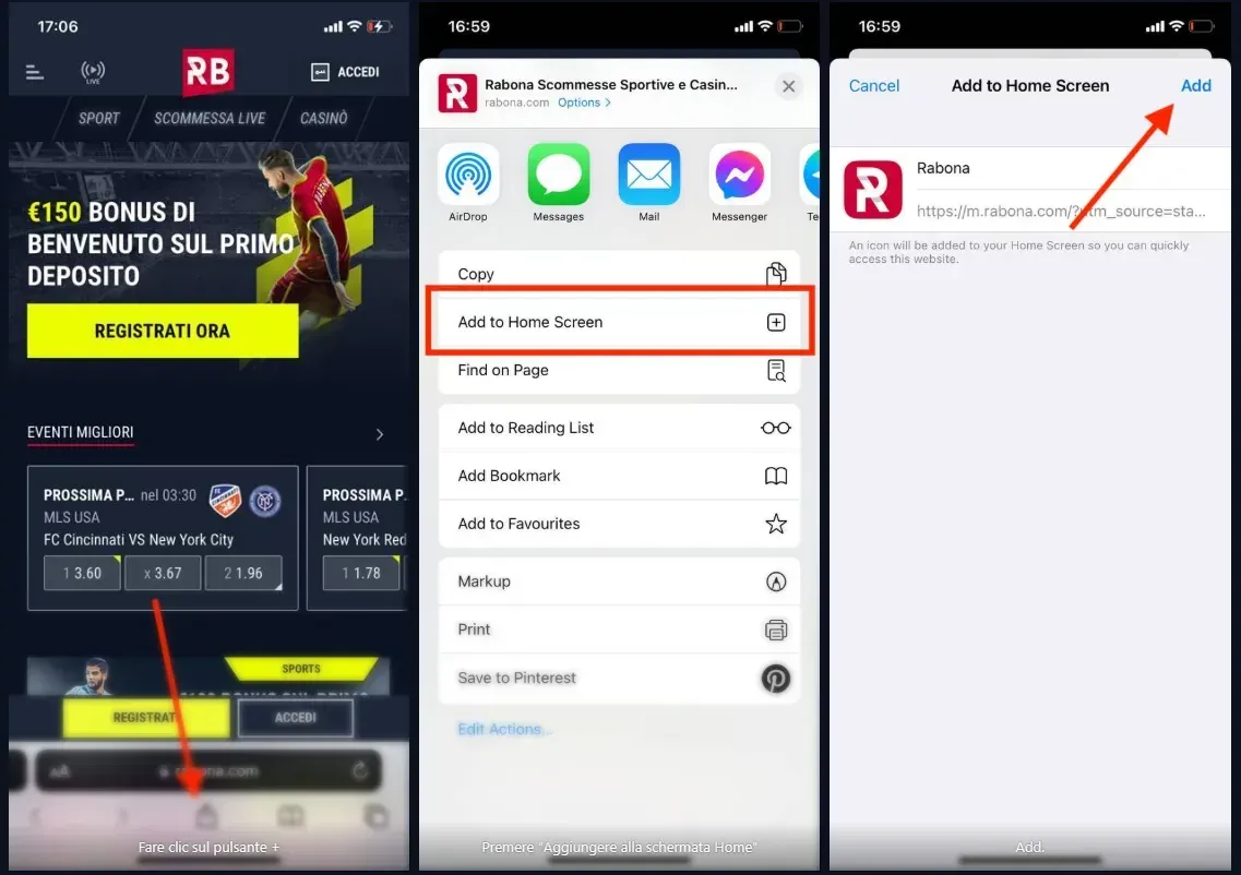 Tre schermate di iPhone che mostrano come aggiungere il sito di Rabona alla schermata Home da Safari