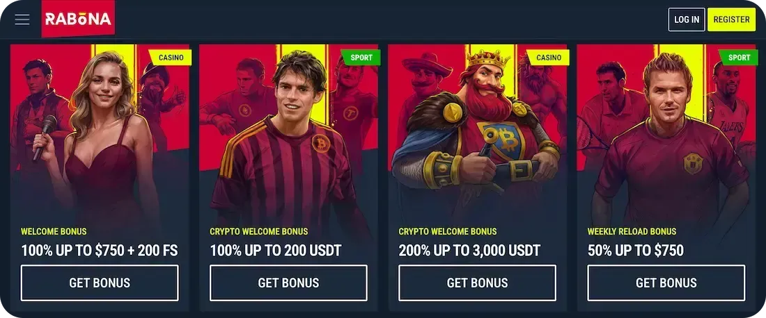 Pagina promozioni di Rabona con i bonus di benvenuto per casinò e sport