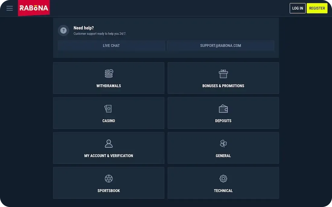 Centro assistenza di Rabona con live chat, email e categorie di aiuto