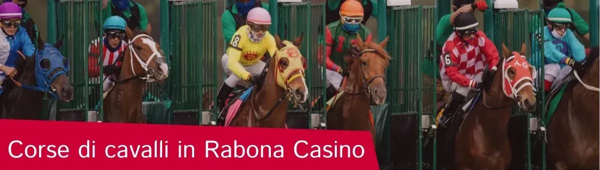 Partenza di una corsa di cavalli con la scritta "Corse di cavalli in Rabona Casino"