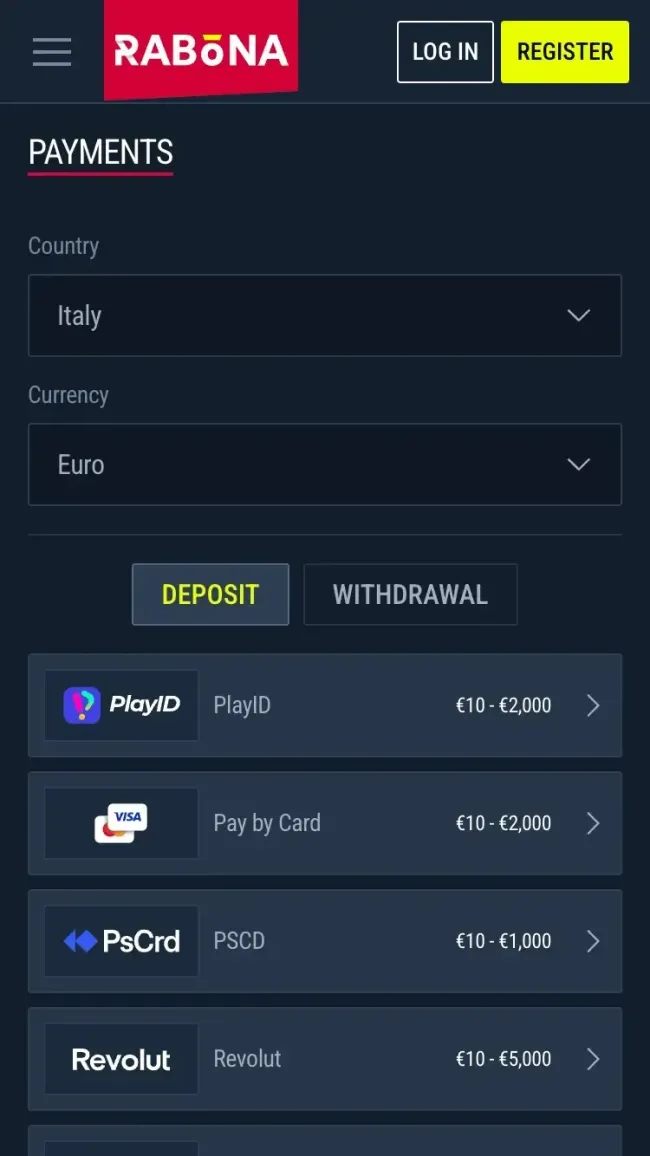 La pagina Payments di Rabona da smartphone, con Italia ed euro selezionati e i depositi PlayID, carta, PSCD e Revolut da 10€