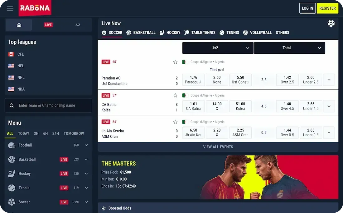 Sezione scommesse sportive di Rabona con gli eventi live