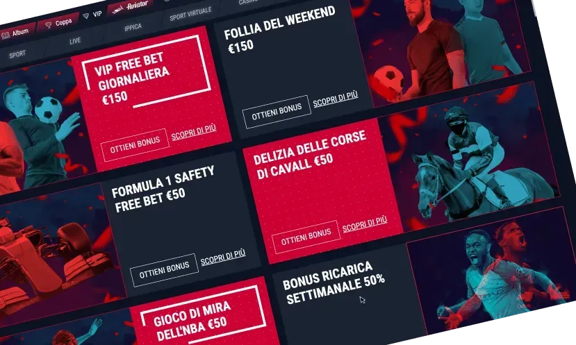 Promozioni sport di Rabona: free bet VIP giornaliera, Follia del weekend, free bet di Formula 1, corse di cavalli, NBA e ricarica settimanale del 50%