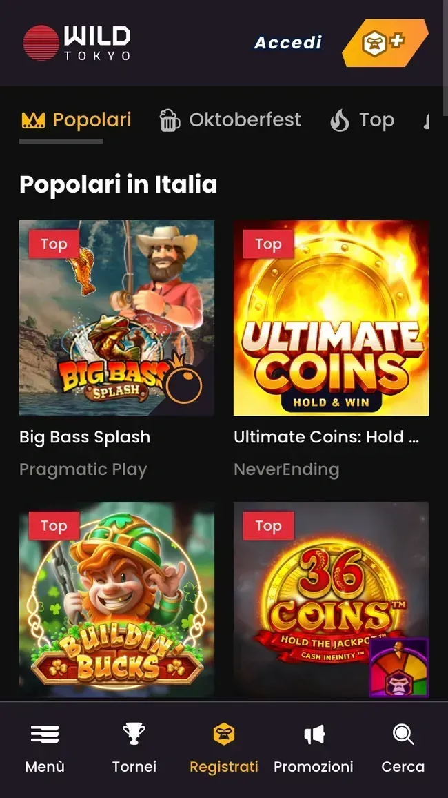 La lobby giochi di Wildtokyo da smartphone, con la scheda Popolari: Big Bass Splash, Ultimate Coins, Buildin' Bucks e 36 Coins