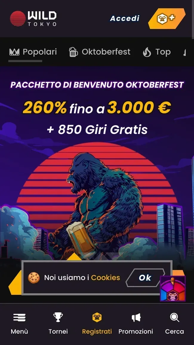 La homepage mobile di Wildtokyo con il pacchetto di benvenuto stagionale Oktoberfest: 260% fino a 3.000€ e 850 giri gratis