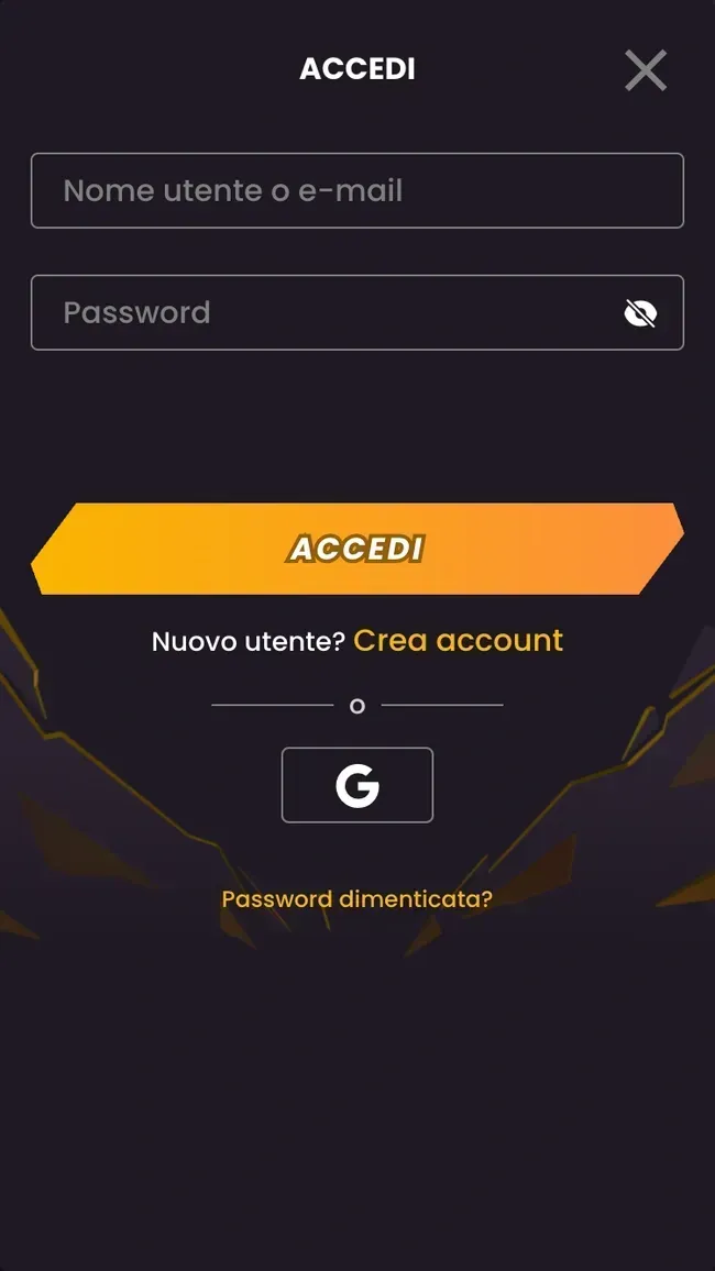 La schermata di accesso di Wildtokyo con nome utente o e-mail, password e accesso con Google