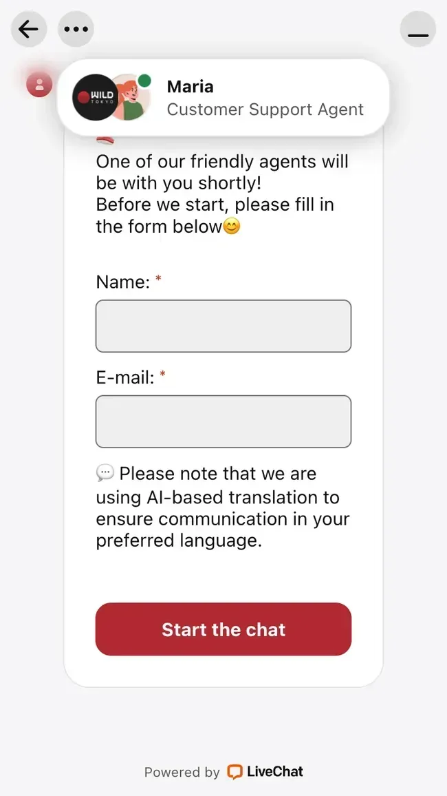 La live chat di Wildtokyo con il modulo per nome ed e-mail e l'avviso di traduzione automatica