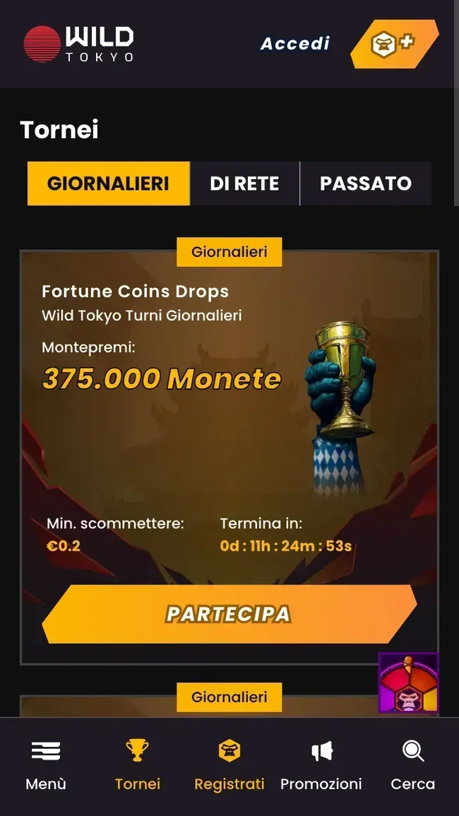 Il torneo Fortune Coins Drops di Wildtokyo con un montepremi di 375.000 monete