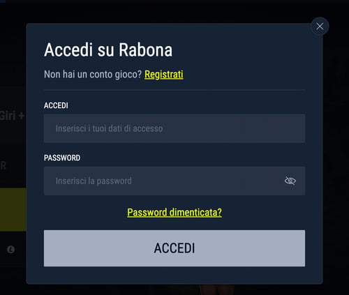 Modulo di accesso Rabona Casino